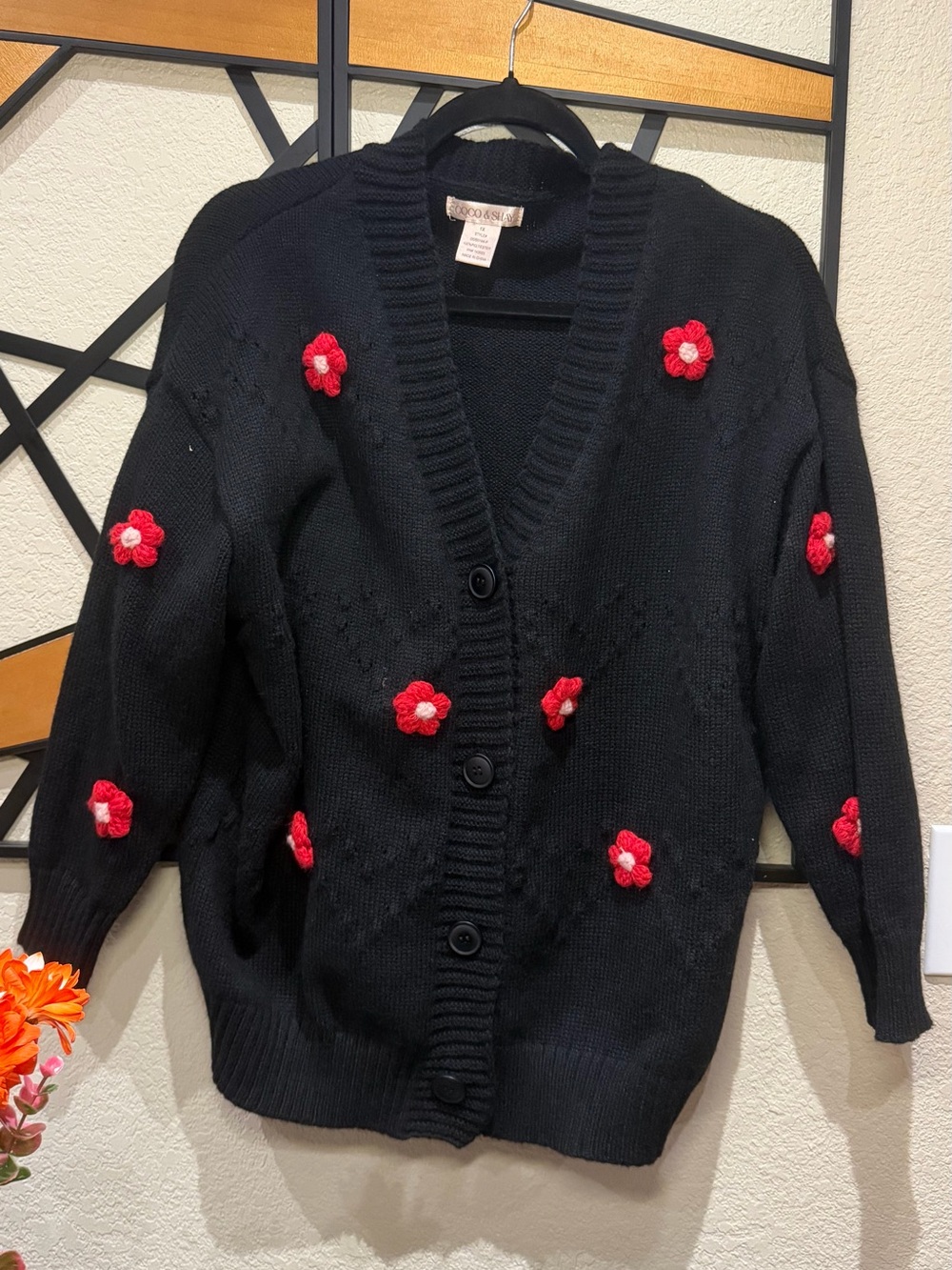 Black Button-Front Cardigan with Red Floral AppliquΓ©s